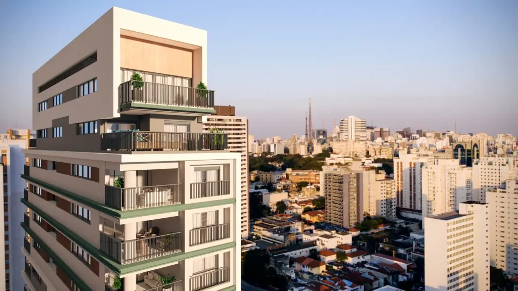 Blend 468 (Sequóia): Perspectiva ilustrada vôo de pássaro — 2 quartos em Jardins, São Paulo