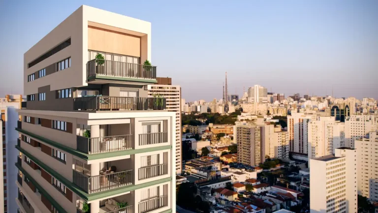 Blend 468 (Sequóia): Perspectiva ilustrada vôo de pássaro — 2 quartos em Jardins, São Paulo