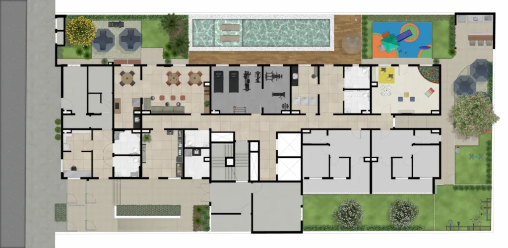 Implantação térreo condomínio Style Rev³ — 1-2 quartos em Chácara Santo Antônio (Zona Sul)