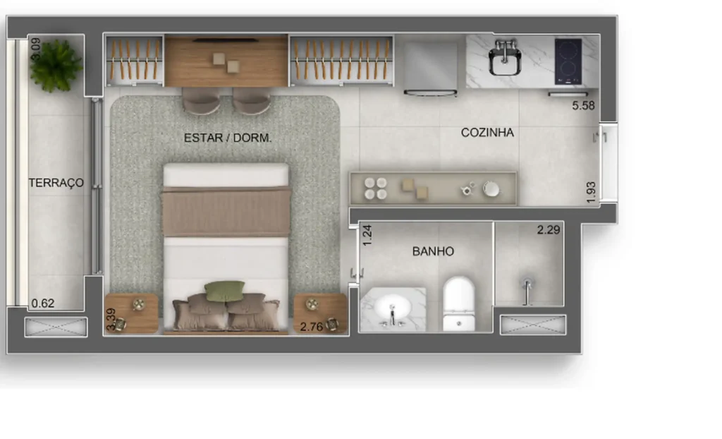 Apartamento 1 quartos 24m² em Butantã — planta Vértice Butantã Smart Spaces by Diálogo