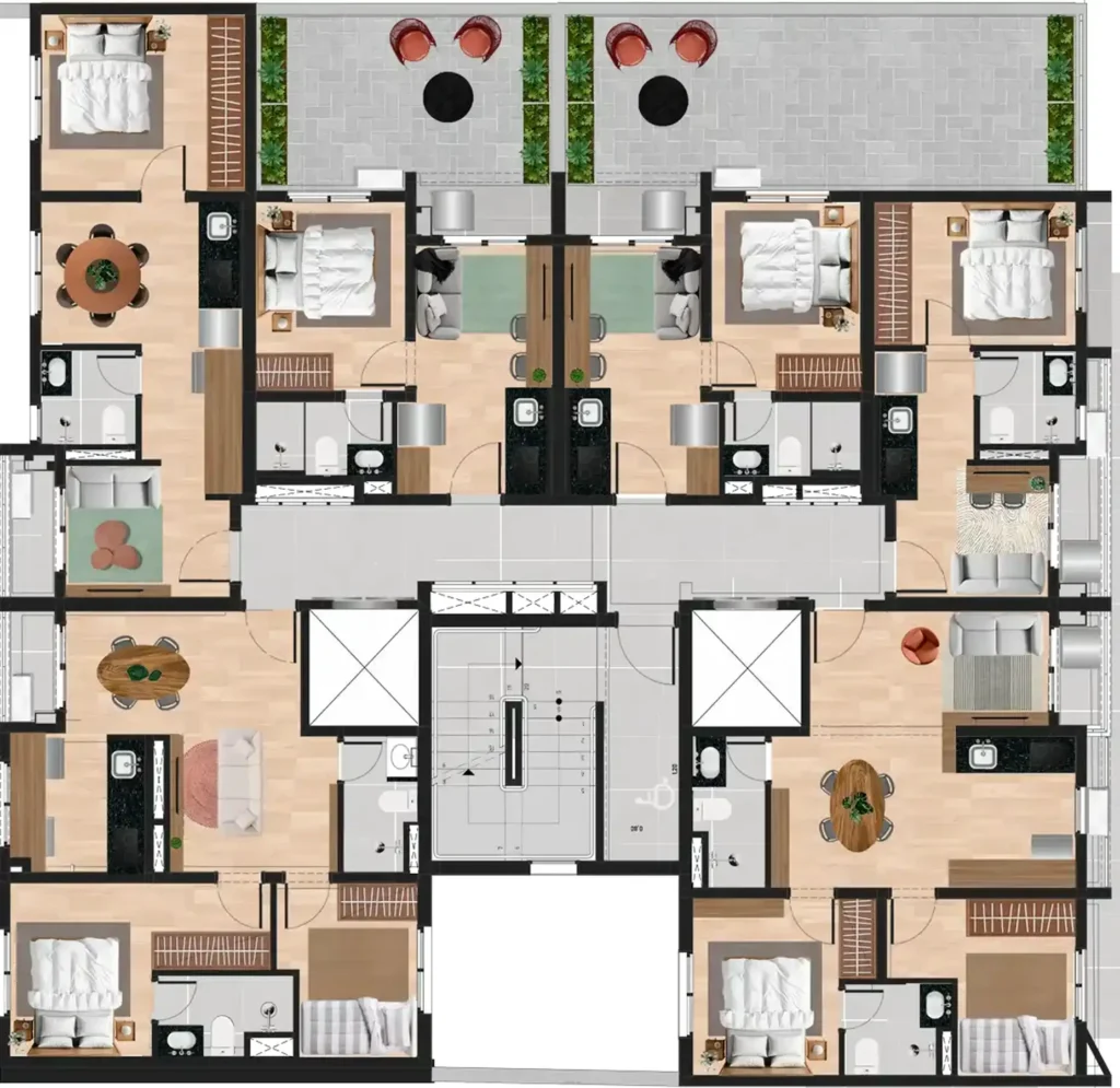 Implantação 01 condomínio Pitanga 105 - Residencial — 1-2 quartos em Praça da Árvore