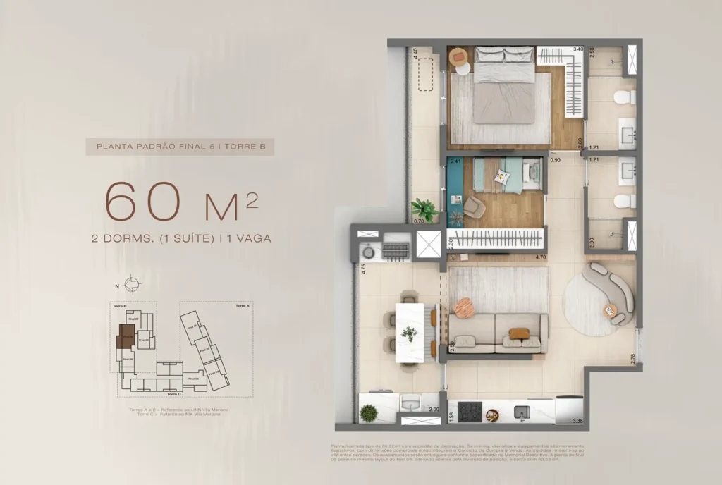 Planta apartamento 2 quartos 60m² Vila Mariana, São Paulo