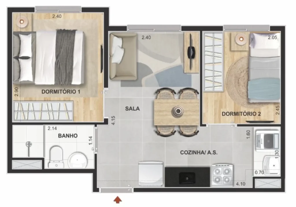 Apartamento 2 quartos 32m² em Liberdade — planta Caminhos da Liberdade