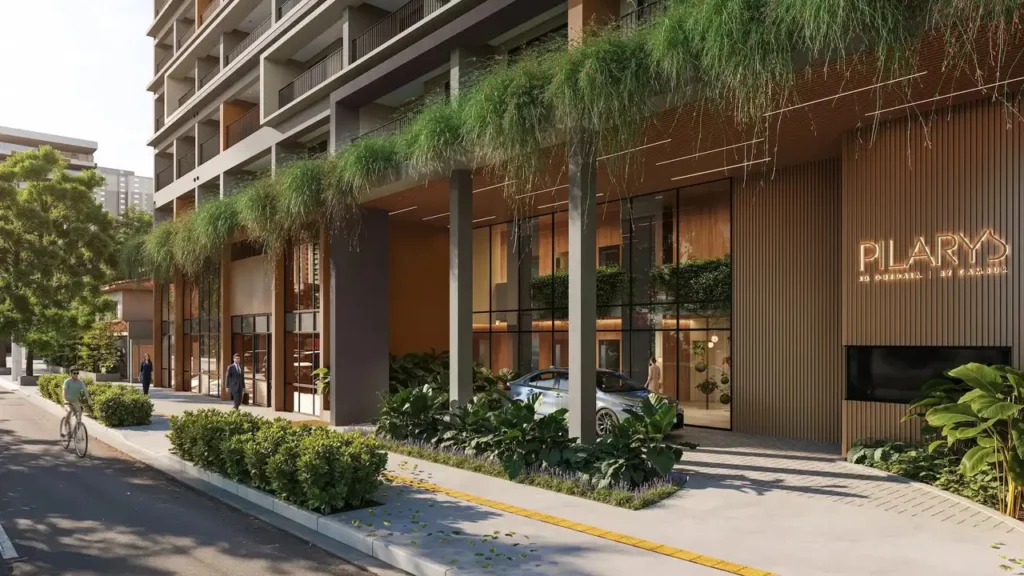 Fachada do prédio com entrada porte cochére Pilarys Jardim Guedala — apartamento 1 quartos, Lançamento em Jardim Guedala