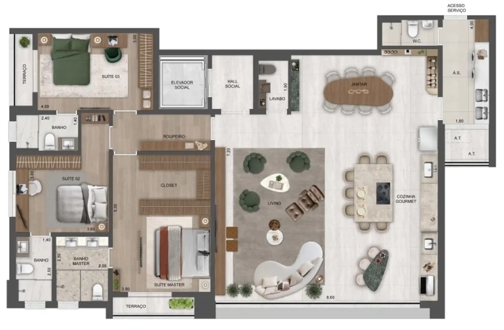 Apartamento 3 quartos 185m² em Vila Tramontano — planta Château Jardin Harmonie