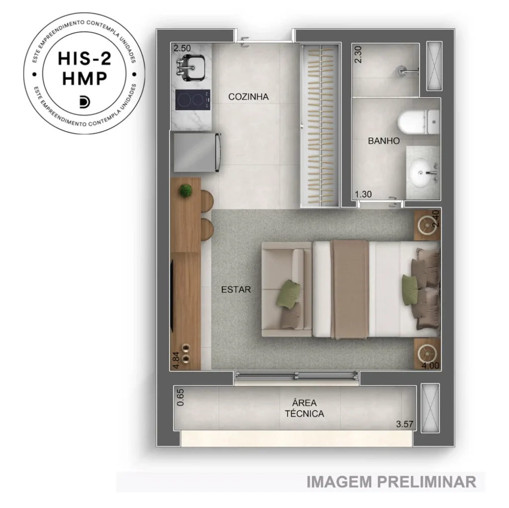 Apartamento 1 quartos 25m² em Mooca — planta GranDiálogo Parque da Mooca Home Spaces