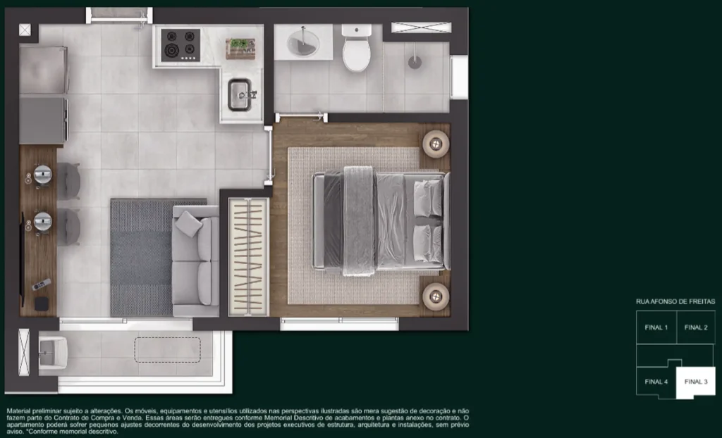 Implantação 13 ao 15 28,13 m² condomínio NYX Paraíso - Home Boutique — 2 quartos em Paraíso