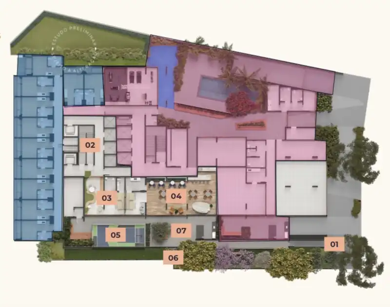 Implantação térreo condomínio Vista Madalena by You - NR — 1 quartos em Vila Madalena