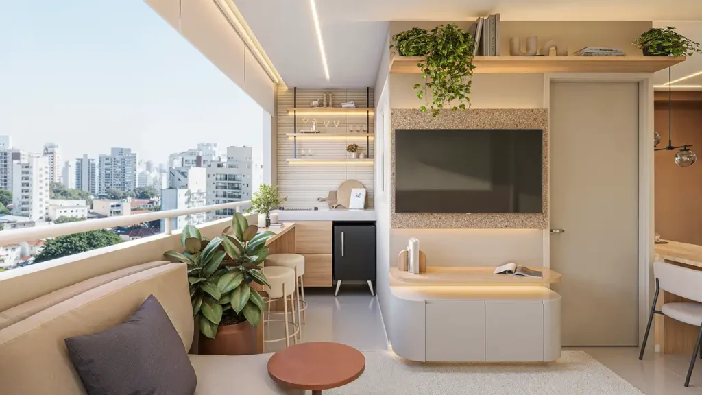 Varanda com 2 dormitórios Line Praça da Árvore Saúde — 1-2 quartos 31-40m², Emccamp SP